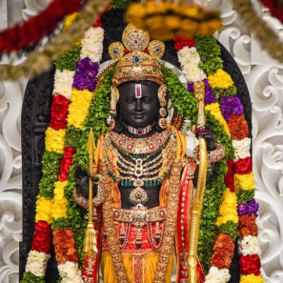 AYODHYA, INDIA - JANUARY 22: A view of the idol of the Hindu god Ram after the consecration at the Ram Mandir on January 22, 2024 in Ayodhya, India. The Ram Mandir, a temple built at a site thought to be the birth place of Lord Rama, a significant figure in Hindu religion, was be inaugurated on Jan. 22, 2024. (Photo by Ritesh Shukla/Getty Images)