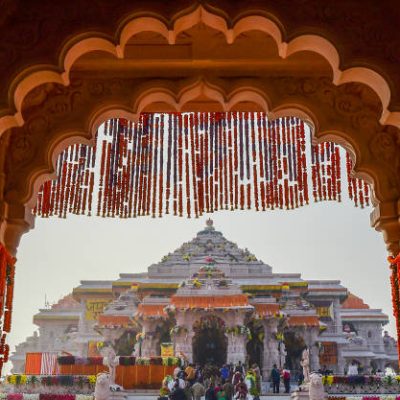 AYODHYA, INDIA - JANUARY 23: Devotees queue to get glimpse of a statue of the hindu god Ram one day after consecration ceremony of the Ram Mandir on January 23, 2024 in Ayodhya, India. The Ram Mandir, a temple built at a site thought to be the birth place of Lord Rama, a significant figure in Hindu religion, was inaugurated on Jan. 22, 2024. (Photo by Ritesh Shukla/Getty Images)